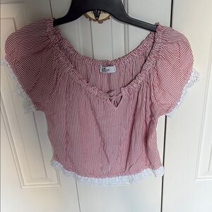 Red and White Striped Top Cropped with Lace Trim